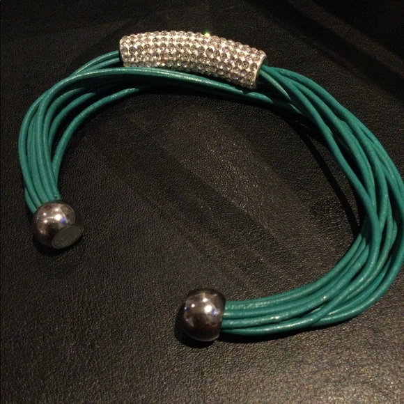Turquoise Leather Bracelet with Swarovski Crystals - Picture 3 of 4